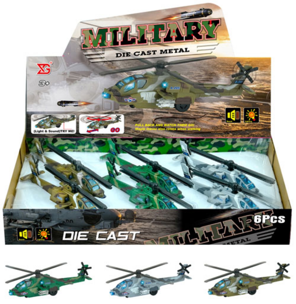 Picture of Display of Die Cast Military Helicopters with Pull Back and Light and Sound ( ONLY SOLD in display of 6 )
