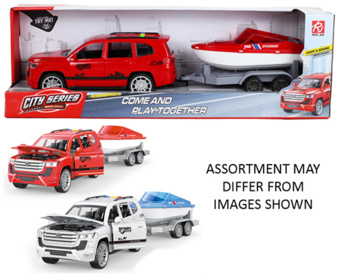 Picture of SUV with Speed Boat on Trailer Friction 25cm Light and Sound 2 assorted